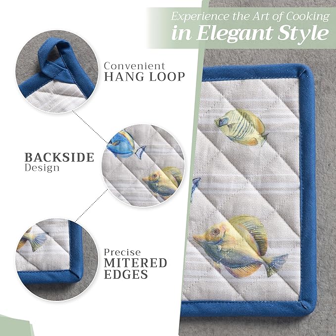Maison d' Hermine Pot Holders 100% Cotton Heat Resistant Potholders 8" x 8" Hot Pads with Loop BBQ, Cooking, Baking, Grilling, Kitchen, Handling Hot Pans Spring/Summer (Pack of 1, Poisson)