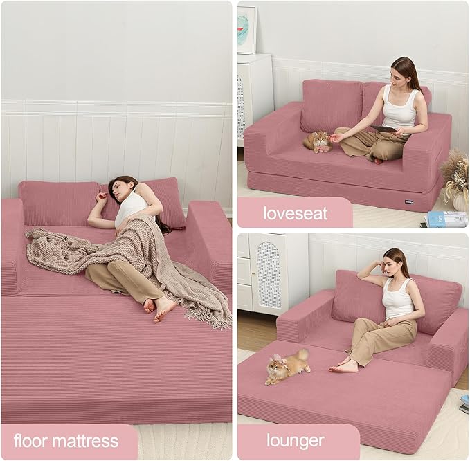 COMAX Convertible Sofa Bed Queen, Folding Fold Out Couch Bed, Floor Futon Couch Corduroy Sleeper Mattress with Back Pillows, Boneless Sofa Comfy Lounge Loveseat for Living Room Bedroom, Pink