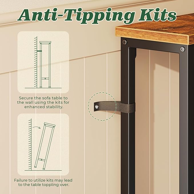 SUPERJARE 5.7 Inch Console Table with Outlet, Sofa Table, Behind Couch Table, 5.7 x 39.4 x 29.7 Inches, Metal Frame, for Living Room, Hallway, Rustic Brown