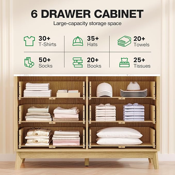 47" Wide Storage Cabinet, Fluted Chest of Drawers with Curved Edges, Wooden Buffet Cabinet with 6 Drawers, Modern Credenza with Faux Marble Top for Living Room, Hallway, Natural