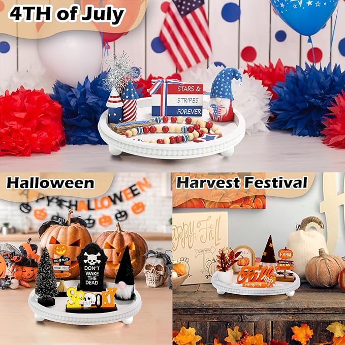 Wooden Beaded Decor Tray for Coffee Table, Rustic Wooden Trays Table Centerpieces, Decorative Trays for Home Decor Kitchen Table Farmhouse Serving Tray (Round White)