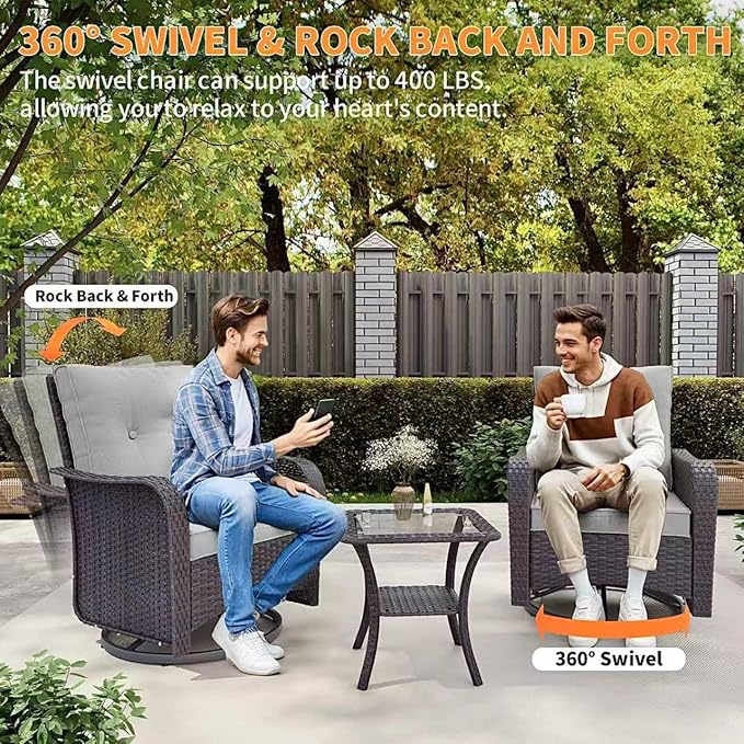 Gotland 13 Pieces Patio Furniture Set with Fire Pit Table Swivel Chairs, PE Rattan Outdoor Furniture Set with 29.5'' High Backrest 4’’ Thick Cushions Coffee Table, Patio Set for Porch, Deck, Grey