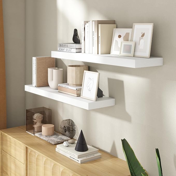 36 Inch Floating Shelves for Wall, 8 Inch Deep Floating Shelf for Storage & Display, Rustic Wall Mounted Shelf with Invisible Brackets for Living Room, Kitchen, Bathroom, Home Decor, Set of 2, White