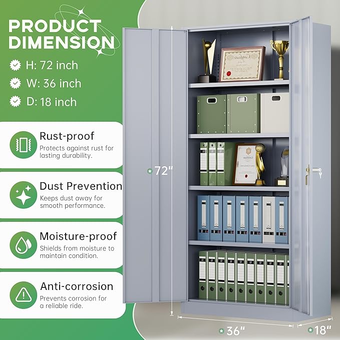 INTERGREAT Metal Storage Cabinet,72" Steel Lockable File Cabinet with Locking Doors and Adjustable Shelves,Locking Tool Cabinets for Office,Home,Garage,Gym,School (Cement Grey)