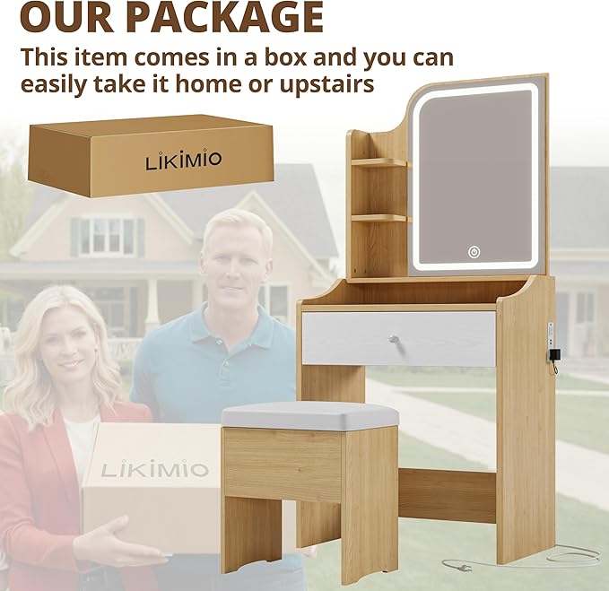 LIKIMIO Small Makeup Vanity Desk with Mirror and Lights, Vanity Table Set with Storage Drawer, Chair and Three Shelves, Bedroom, Wood