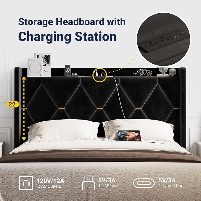 Allewie Velvet Full Size Upholstered Bed Frame with Wingback Storage Headboard & Charging Station, Platform Bed with Diamond Tufted Design & Gold Trim, No Box Spring Needed, Easy Assembly, Black