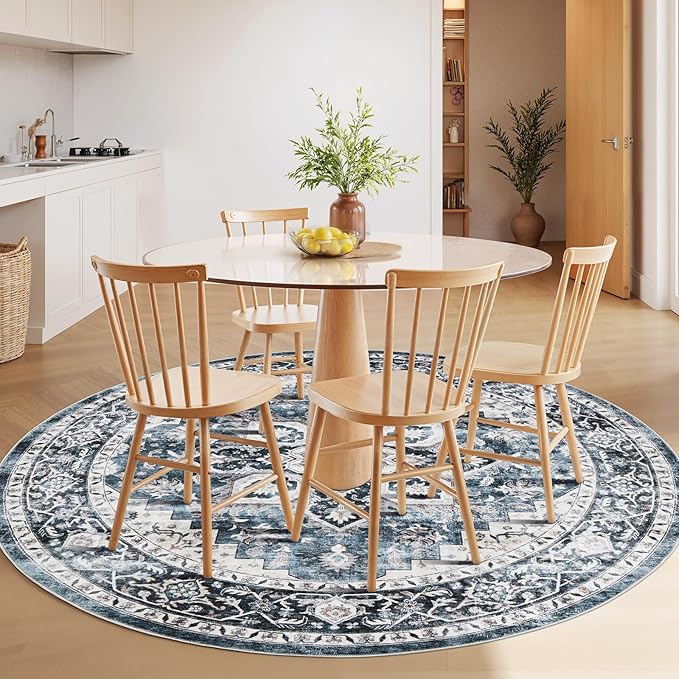 AMADA HOMEFURNISHING 4ft Round Area Rug, Low-Profile Washable 4x4 Rugs with Non-Slip Backing & Durable Edge Binding, Vintage Rug for Kitchen, Bedroom & Hallway, Blue