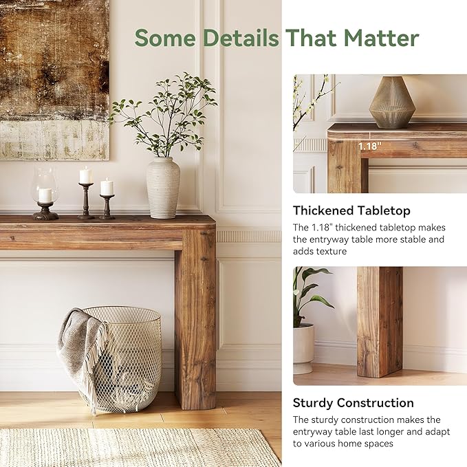 Solid Wood Console Table, 63-Inch Farmhouse Entryway Sofa Table Behind Couch for Living Room Hallway, Foyer