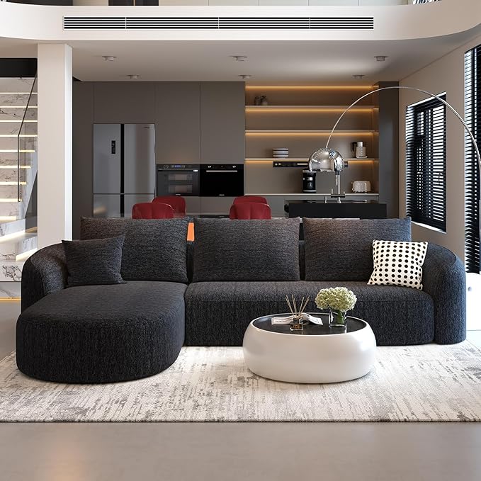 111" Modular Sectional Couches Luxury Modern Curved Back Sofa,Minimalist Comfy L-Shape Boneless Cloud Couch for Living Room Apartment,(Left Facing Chaise,Black)