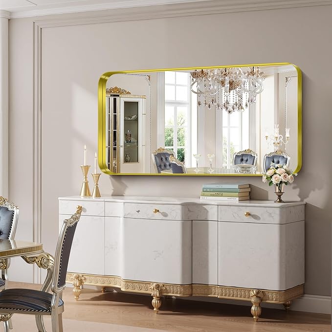 FORBATH 60x30 Inch Large Bathroom Mirror for Double Sinks, Brushed Gold Deep Frame Wall Mirror with Rounded Corners, Anti-Rust Tempered Glass for Modern Farmhouse Vanity (Horizontal/Vertical)