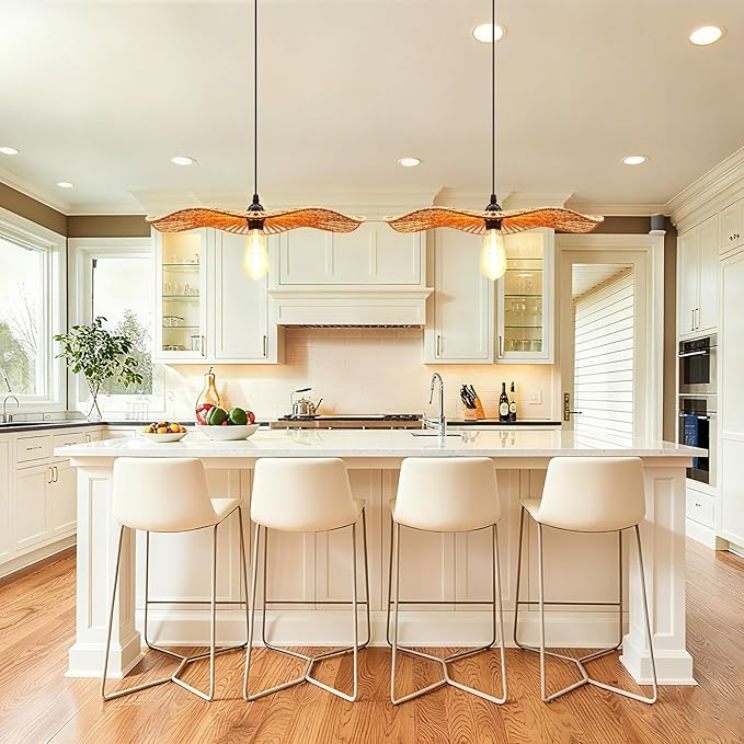 15''Natural Rattan Chandelier Pendant Light-Farmhouse Boho Rattan Pendant Lights with Included E27 Bulb, 120V Wicker Pendant Lights for Dining Room Kitchen Island Bedroom Living Room