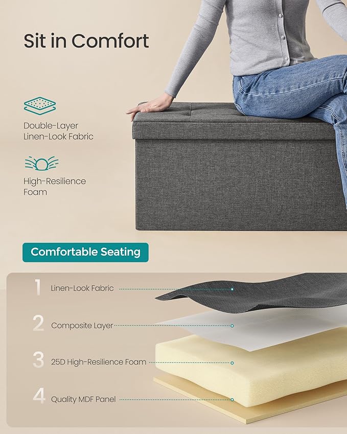 SONGMICS MAZIE Collection - 30 Inches Folding Storage Ottoman Bench, Ottoman Foot Rest, End of Bed Bench, Storage Chest, Load 660 lb, for Living Room, Bedroom, Entryway, Dark Gray ULSF47K