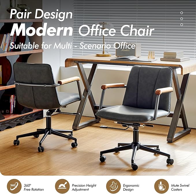 Home Office Desk Chair, Ergonomic Minimalist Faux Leather Swivel Chair with Oak Wood Armrests, Comfortable Task Chair for Computer or Study Room, 2 Pack, Charcoal Gray