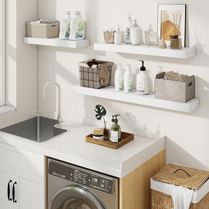 fuqing Floating Shelves for Wall, Wall Mounted Wood Floating Shelf with Invisible Brackets for Living Room, Bathroom, Bedroom, Kitchen Storage and Decor, 40 Inch Set of 2, White