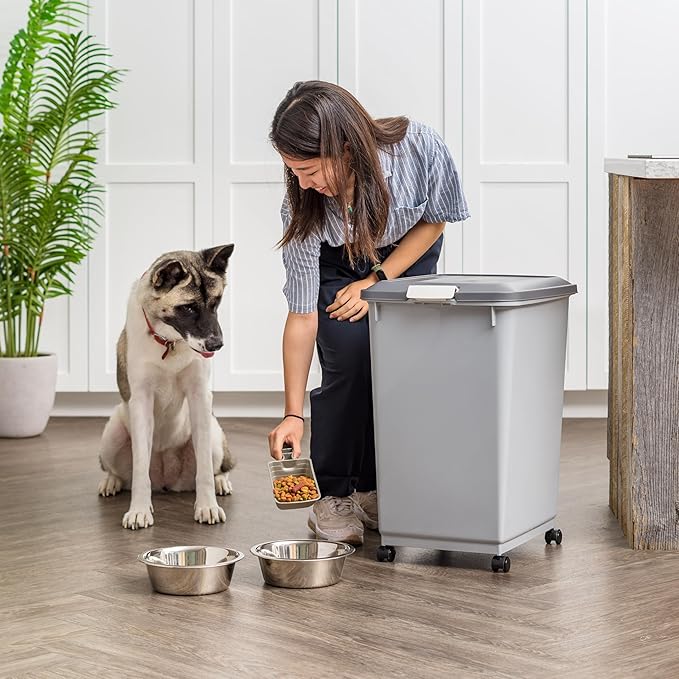 IRIS USA Dog Food Storage Container 50 lbs, 2-Pack with Wheels, Airtight Lid, 2-Cup Scoop, Double Pet Food Storage, Built in Scoop Storage in Lid, Versatile Pet Food Bin, Portable, Gray/Dark Gray