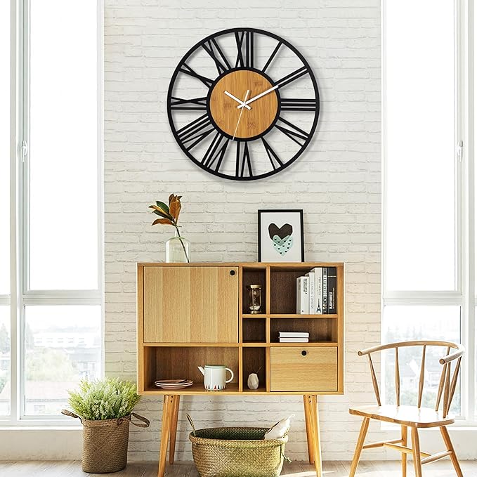 1st owned Wall Clocks for Living Room Decor,20" Vintage,Round Silent Non Ticking,Black Metal,Modern Wood Clocks for Home Bedroom,Kitchen,Garden,Office,Cafe,Modern Wall Decoration -Roman Numerals