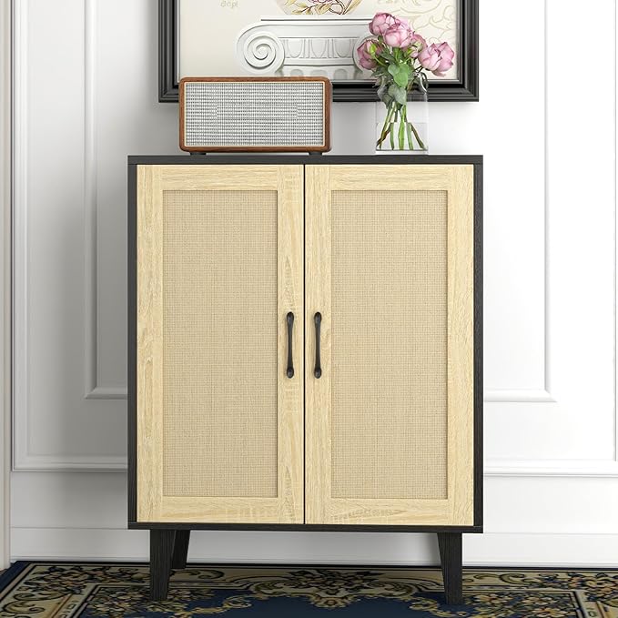 Panana Buffet Cabinet Sideboard with Rattan Decorated Doors Kitchen Storage Cupboard Accent Cabinet (Black)