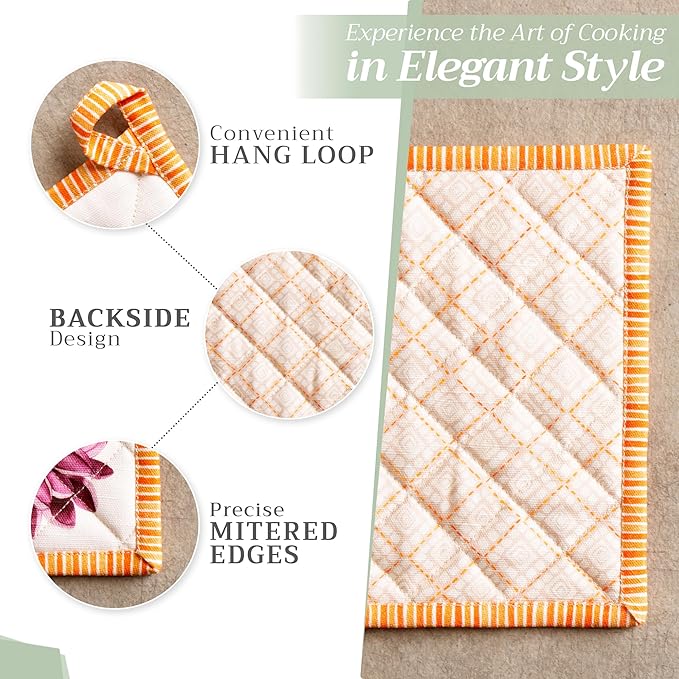 Maison d' Hermine Pot Holders Set 100% Cotton Heat Resistant Potholders 8" x 8" Hot Pads with Loop for Thanksgiving Christmas Decorations Handling Hot Pans (Pack of 2, Pumpkin Garden - Cloudy Cream)