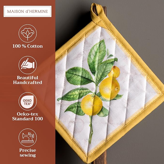 Maison d' Hermine Pot Holders Set 100% Cotton Heat Resistant Potholders 8" x 8" Hot Pads with Loop BBQ, Cooking, Baking, Grilling, Kitchen, Handling Hot Pans Spring/Summer (Pack of 2, Limoncello)