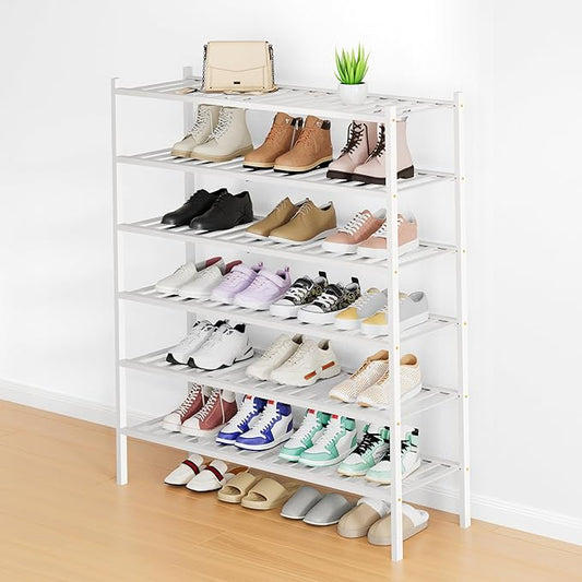 Smiry Shoe Rack, 6 Tier Long Bamboo Shoe Organizer, Stackable Free Standing Wooden Shoe Storage Shelf for Closet, Entryway, Front Door Entrance, White