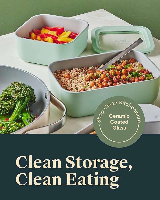 Caraway 2pc Glass Food Storage Set - 6.6 Cup Food Containers (2) - Ceramic Coated - Non Toxic, Non Stick Lunch Box with Lids. Dishwasher, Oven, & Microwave Safe - Sage
