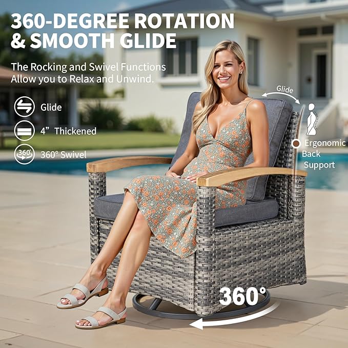 MEISSALIVVE 9 Pieces Outdoor Patio Furniture Sets,PE Wicker Patio Conversation Sets with 4 Wood Armrests Swivel Rocker Chairs，2 Ottoman and Coffee Table(Grey)
