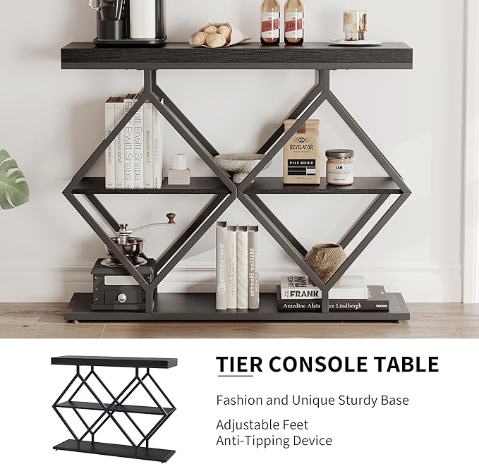 Garvee 3-Tier Entryway Table, Industrial Console Sofa Table with Storage, Accent Table with Open Shelves, Diamond-Shaped Metal Frame, Foyer Table for Entryway, Hallway, Black