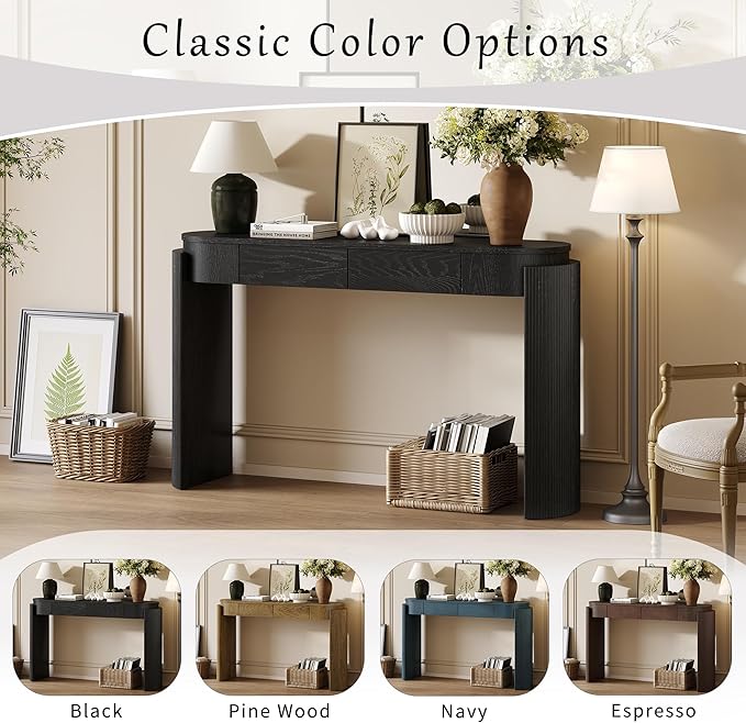 55.1" Entryway Narrow Console Table with Drawers, Oval Top & Fluted Legs, Natural Wood Grain Sofa Table for Hallway, Foyer, Behind Couch, Accent Table for Living Room, Solid Wood + MDF (Black)