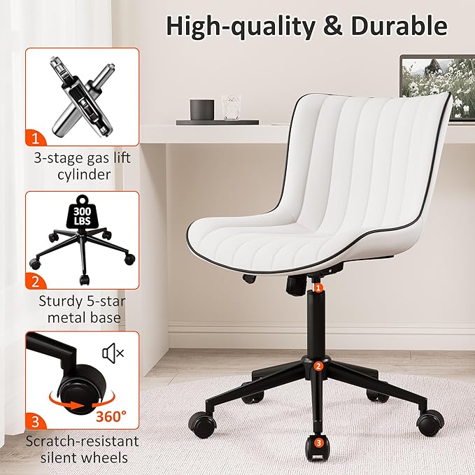 Kidol & Shellder White Leather Home Office Desk Chair with Wheels Modern Cute Armless Executive Swivel Vanity Chair with Comfy Padded Back Ergonomic Rolling Adjustable Computer Task Chair Small