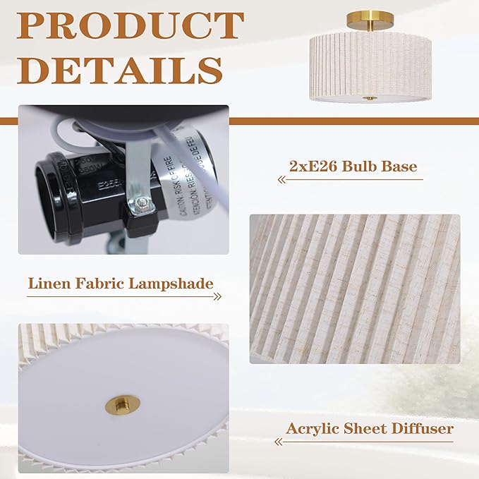 2 Light Semi Flush Mount Ceiling Light Fixture 12.6 Inch Modern Gold Drum Ceiling Light Fixture with Pleated Fabric Shade Dimmable Close to Ceiling Light for Living Room Hallway Bedroom Entryway
