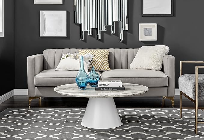 Furniturebox UK Coffee Table - Palma Round Coffee Table - Contemporary Minimalist Coffee Table with Tapered Central Pillar - White Marble-Effect Finish - Living Room Furniture