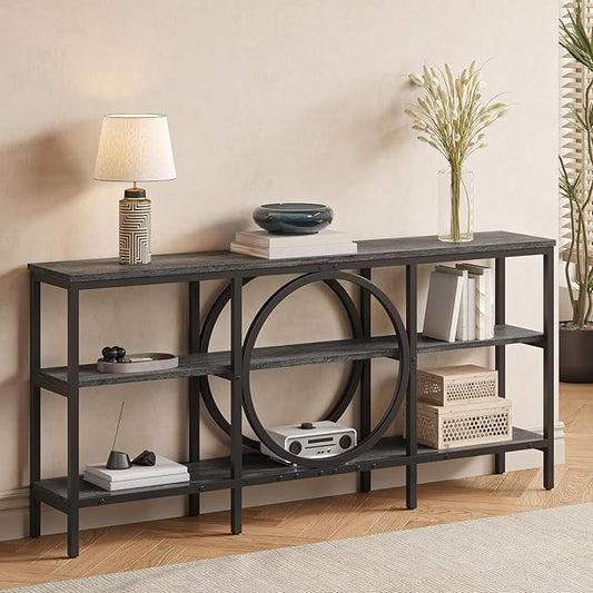 Long Console Table, 66.9 inch Wood Narrow Sofa Tables 3 Tier Couch Table Behind Sofa Industrial Grey Hallway Table Long Entryway Tables for Living Room, Foyer (Grey Oak+Black)