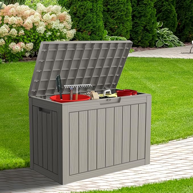 45 Gallon Outdoor Storage Box, Waterproof Deck Box with Build-in Handles and Lockable Lid, Outside Storage Box for Backyard Garden Tools, Patio Cushions, Package Delivery Box, Grey