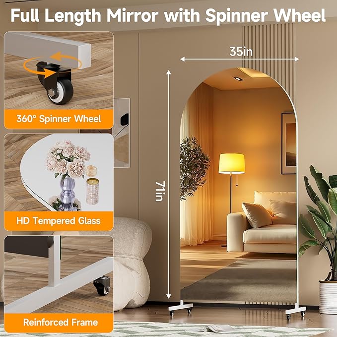 Hasipu 71" x 36" Arched Rolling Home Gym Mirror with Wheels, 360° Swivel Body Mirror with HD Tempered Glass, Large Floor Mirror for Yoga Room, Dance Studio, Bedroom & Home Gym