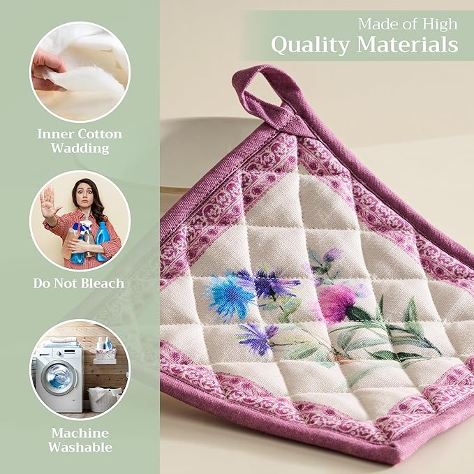 Maison d' Hermine Pot Holders Set 100% Cotton Heat Resistant Potholders 8" x 8" Hot Pads with Loop BBQ, Cooking, Baking, Grilling, Kitchen, Handling Hot Pans Spring/Summer (Pack of 2, Chardon)