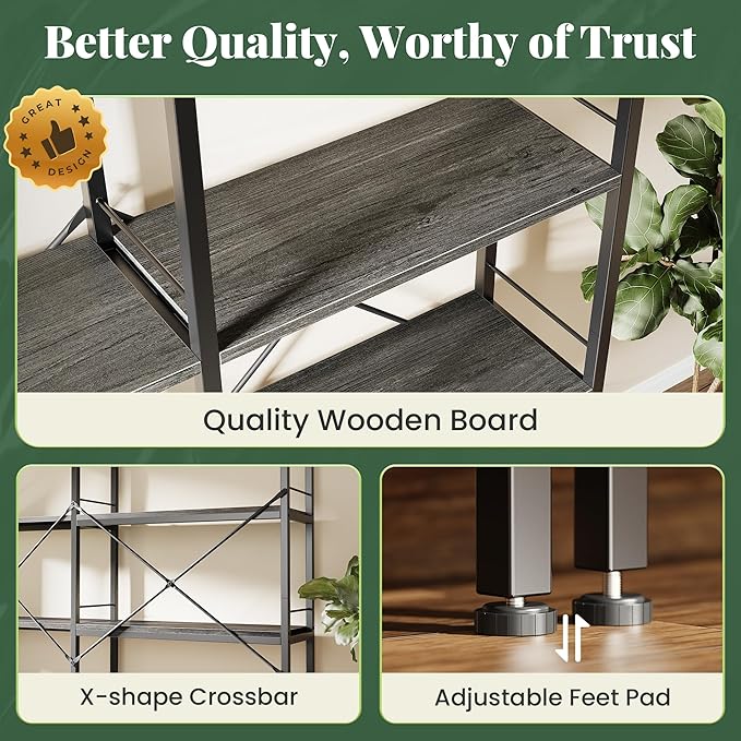 Huuger 5 Tier Bookshelf, L Shaped Corner Bookshelf with 10 Open Shelves, 49.4 Inch Straight Wide Bookcase with Metal Frame and Wooden Board, Adjustable Feet, Grey