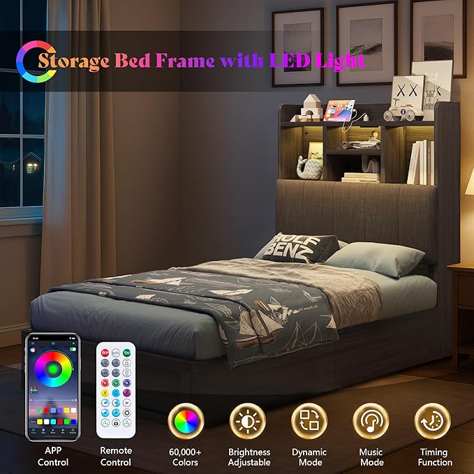 Twin Farmhouse Bed Frame with Bookcase Headboard and 4 Drawers, LED Storage Bed with Charging Station & Linen Upholstered, No Box Spring Needed, Black