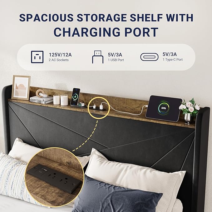 Allewie Queen Size Velvet Bed Frame with 3 Storage Drawers, Upholstered Platform Bed with Wingback Storage Headboard and USB Ports, No Box Spring Needed, Easy Assembly, Black