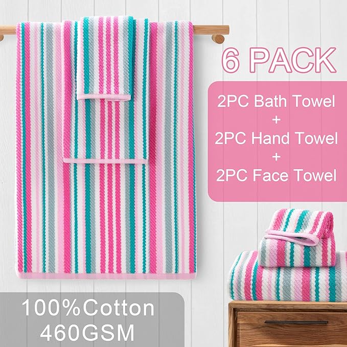 Pink Soft Towel Set (6PC, 100% Cotton), 2 Bath 28"x52", 2 Hand 16"x27", 2 Wash Cloth 13"x13, Quick Dry Towels with Hanging Loop, Striped Absorbent Towels Set for Bathroom & Guest, Pink and Aqua Stripe