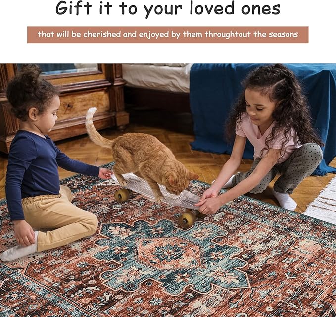 Moynesa Ultra-Thin Washable Runner Rug - 2x6 Non-Slip Non-Shedding Hallway Runner, Stain Resistant Kitchen Mat Laundry Entryway Carpet for Doorway Bedside, Brick Red/Dull Teal