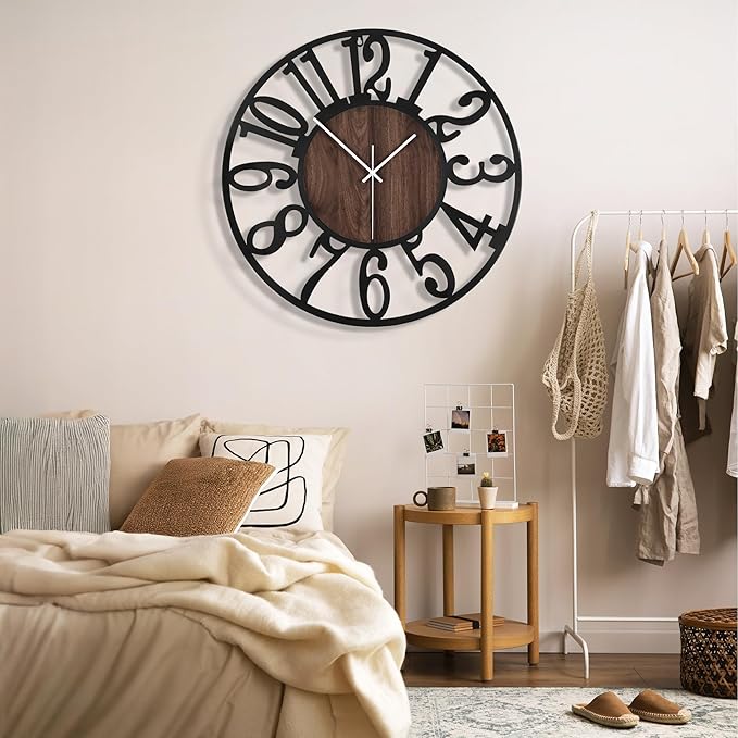 1st owned 40" Large Display Wall Clock for Home Decor - Silent,Battery Operated,Black Metal, Modern, Rustic Wood Clocks for Living Room,Farmhouse,Dining Room,Bedroom,Shop Wall Decor- Arabic Numerals