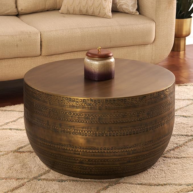 Modern Round Aluminum Hammered Embossed Texturing Metal Drum Coffee Table, Hand-Stamped Iron, Boho Accent Cylinder Drum Coffee Table, Cocktail Table, for The Living Room and Bedroom, Brass