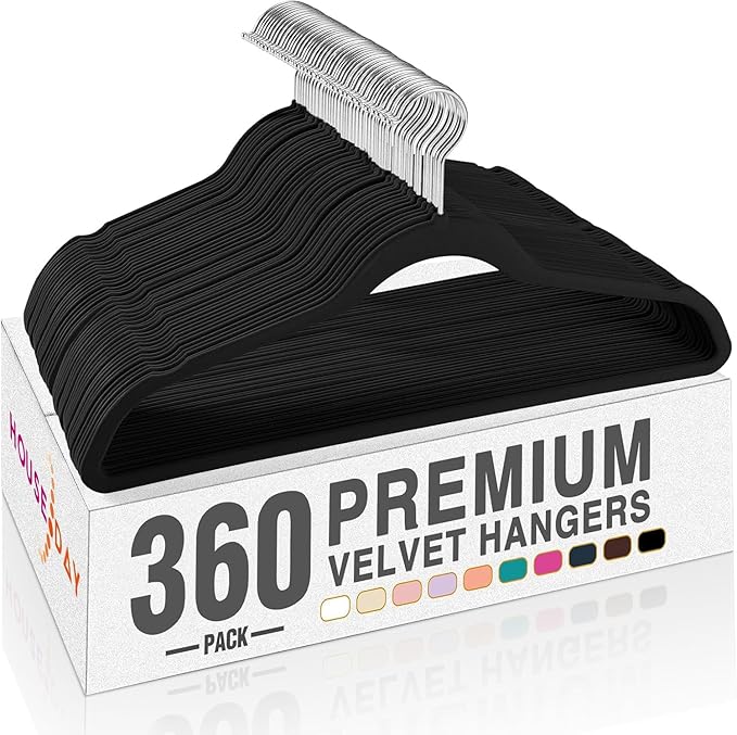 HOUSE DAY Black Velvet Hangers 360 Pack, Premium Non-Slip Felt Clothes Hangers, Sturdy Black Hanger Heavy Duty Durable for Coat, Suit, Space Saving No Hanger Mark Rotating Hook