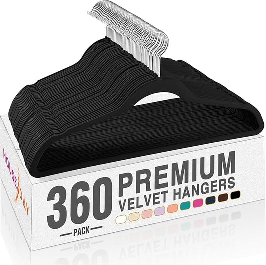 HOUSE DAY Black Velvet Hangers 360 Pack, Premium Non-Slip Felt Clothes Hangers, Sturdy Black Hanger Heavy Duty Durable for Coat, Suit, Space Saving No Hanger Mark Rotating Hook
