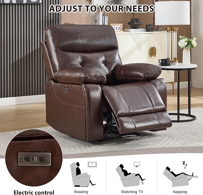 CANMOV Genuine Leather Recliner Chair, Power Single Reclining Sofa with Comfortable Arms and Back, Modern Electric Recliner Couch Set with Hidden Cup Holders,USB,Type C Port for Living Room,Dark Brown