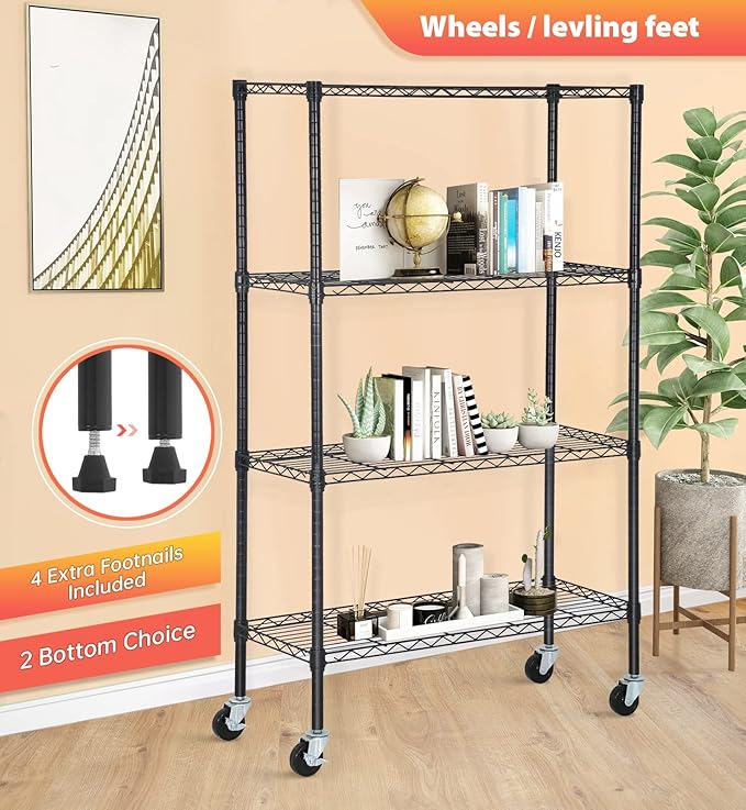 FDW | 4-Tier Wire Storage Shelves with Wheels | 36"x14"x62" | Black | Adjustable Racks | Heavy-Duty Metal Shelf, Holds Upto 500 lbs | Tool-Free Assembly, Rust-Resistant | for Home & Garage Shelving