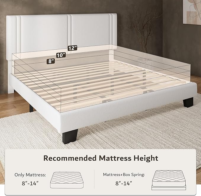 iPormis King Platform Bed Frame with Velvet Upholstered Headboard & Thickened Legs, Mattress Foundation with Solid Wooden Slats Support, No Box Spring Needed, Noise Free, White