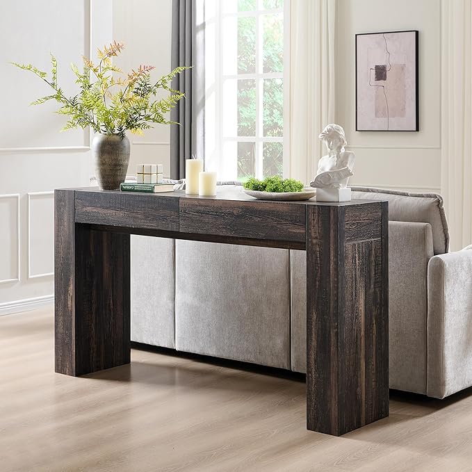 OKD Modern Entryway Console Table, Sofa Table with Drawers, 63" Long Hall Table Behind Couch, Thick Wood Design for Living Room, Hallway - Dark Rustic Oak