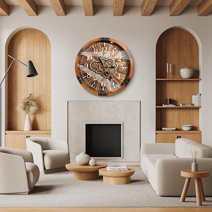 Wall Clocks for Living Room Decor, Large Real Moving Gears Clock, Vintage Industrial Oversized Rustic Farmhouse Kitchen Office Fireplace Wall Decor (Brown, 27 inch)