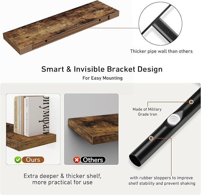 Fun Memories 36 Inch Floating Shelves - Rustic Wooden Wall Shelves - Wall Mounted Storage Shelf with Invisible Brackets - Extra Deeper & Thicker for Living Room, 36" W x 9.3" D x 1.5" H - Rustic Brown